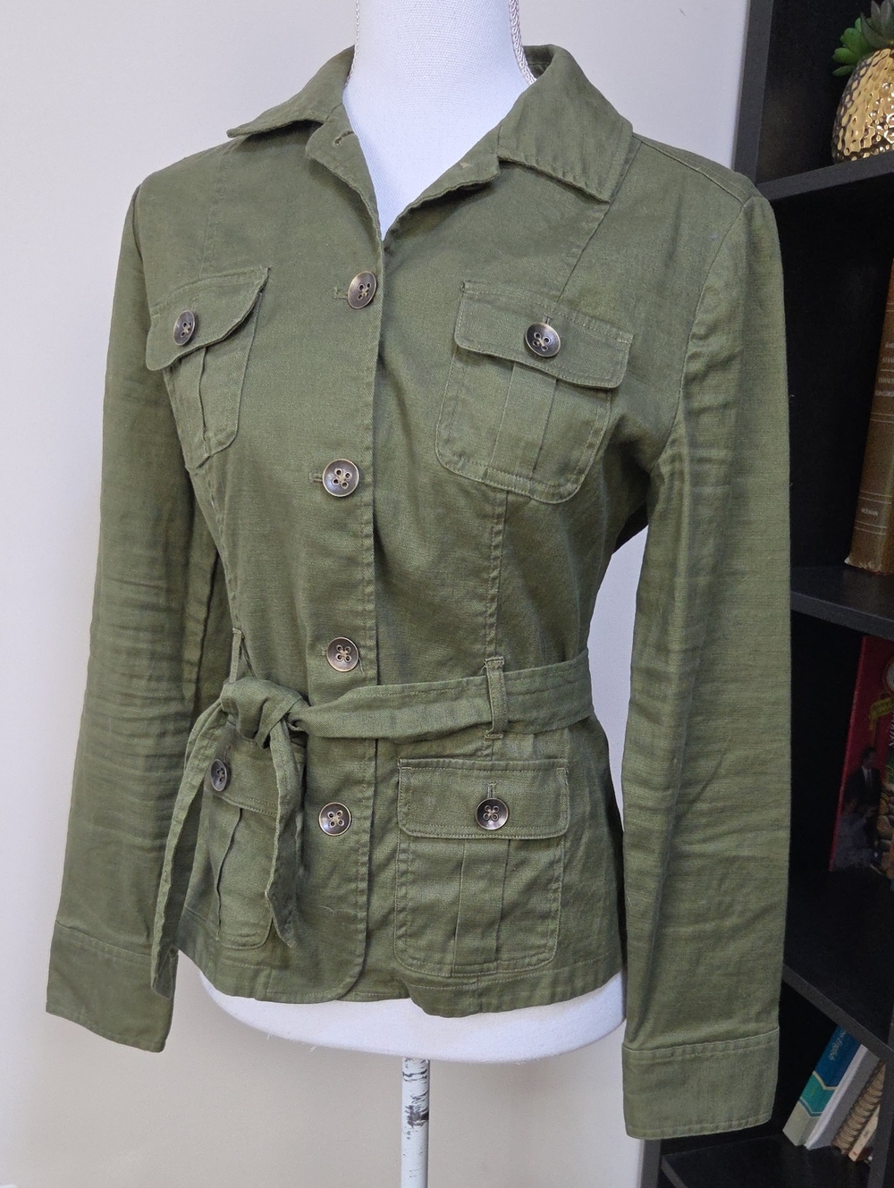 New York & Co Olive Green Linen Cotton Utility Jacket with Waist Tie